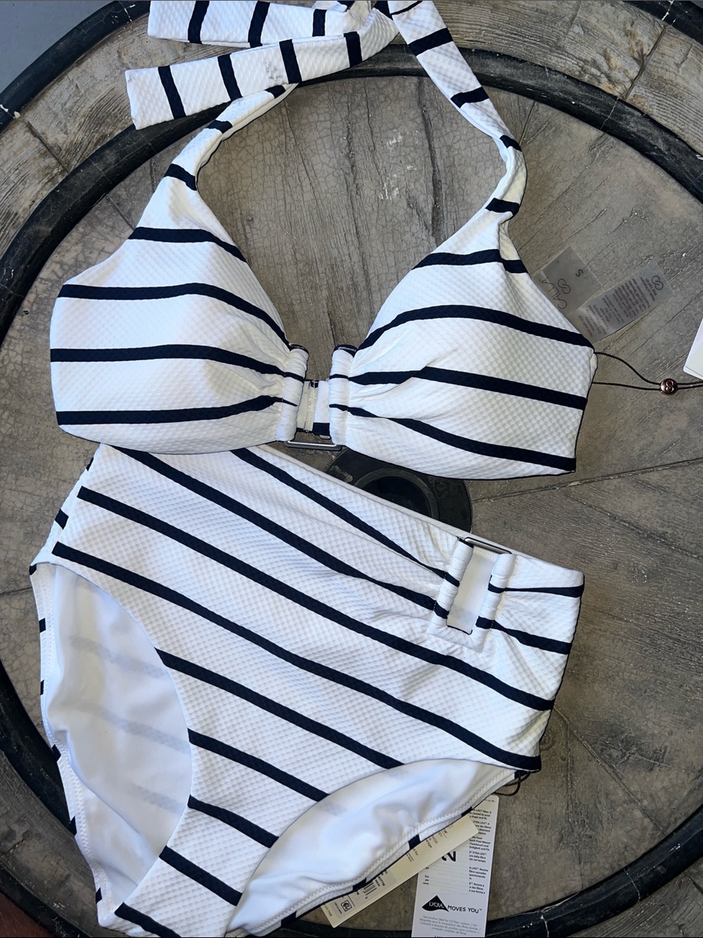 CALIA by Carrie Underwood White and Navy Stripe High-Waist Bikini